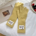 Primer plano detallado de guantes de punto amarillos con textura acanalada y etiqueta artesanal - Talla única / Amarillo