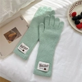 Detail of mint green knitted gloves with bear tag on a cozy lifestyle background - Full Finger / Green