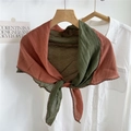 Rust red and olive green patchwork cotton linen scarf with elegant crochet trim - Orange and Green Patchwork