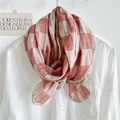 Sciarpa in cotone e lino a quadri rosa e beige con bordi orlati di alta qualità - 43*150cm / Quadri Rosa Con Bordo