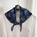 Dark blue paisley scarf with white lace trim tied on a shirt for a trendy look - Navy Blue