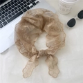 Detailed view of beige lace mesh hair scarf featuring exquisite floral embroidery patterns - Camel Lace Gingko