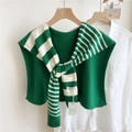 Detail of green and beige striped knitted shawl with woven label on white shirt - 53*106cm / Green Stripes