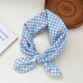 Blue and white gingham cotton scarf with pink polka dot bow patterns and stitched edge - 6cotton-Blue Gingham Bow