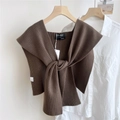 Detail of brown ribbed knit shawl with front tie knot over a white shirt background - 42*105cm / Dark Brown