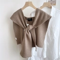 Detail of camel knitted shawl accessory featuring soft texture and front tie knot design - 42*105cm / Brown