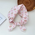 Pink cotton linen scarf with floral rose and bow patterns for hair and neck styling - 9cotton-Pink Flower Bow