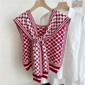 Detail of red and white knit shawl with floral pattern and nautical collar style - Red (Four-leaf Flower)