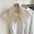 Detail view of cream crochet lace shawl collar on a wooden hanger with white shirt - Off White