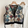 Close-up of ethnic jacquard vest showing colorful pattern, knotted closure, and fringe - Colorful Rings Embroidery / 46x46cm