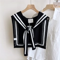 Detail of nautical black knit shawl with white stripes and tie closure on a white shirt - Black with Double Stripes