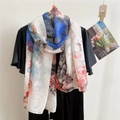Artistic blue and red floral print long scarf for women with subtle jacquard texture - Mountain and River Scroll / 67*175cm