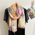 Floral print long silk scarf in bright yellow with oriental peony design on hanger - Blooming Peony Yellow / 67*175cm