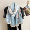 Blue and white floral print chiffon scarf with traditional Chinese calligraphy - Wealth and Spring Blue / 67*175cm