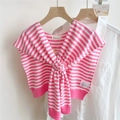 Detail of pink and white striped knitted shawl with front knot on a white shirt - Pink White Stripes