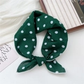 Dark green cotton linen small square scarf with white polka dots in a bow shape - Polka Dot Green