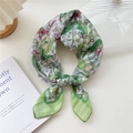 Pastel floral cotton linen square scarf with pink flowers and butterflies on white desk - 2 Stripe Base-Pink Butterfly Lily Green