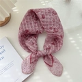 Pink cotton-linen square scarf featuring red roses and polka dot print in a tied knot style - 16 Stripe Base-Rose Dot Dark Pink