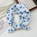Cotton linen square scarf featuring blue butterfly patterns on a white background - Blue Butterfly Shadow