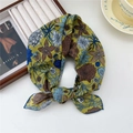 Mustard yellow vintage floral linen silk square scarf with retro patterns in tied style - 55*55CM / 8B Floral Splendor Blue Edge