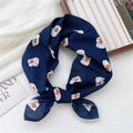 Dark blue cotton silk square scarf with white cat and orange heart print in bow style - Navy Sea Lion Heart