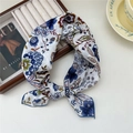 Silk-feel cotton linen floral scarf with blue hem and elegant blooming pattern - 55*55CM / 13B Beautiful Leaf Blue