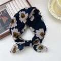 Floral print cotton linen scarf with navy blue checkered pattern and cream flower detail - 55*55CM / 15B Black-Eyed Flowers Navy