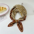 Pleated square scarf with geometric patterns in brown and mustard yellow tie knot style - Green Orange Yellow Maze