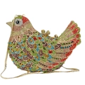 Dettaglio ravvicinato della borsa da sera a forma di uccello con strass di cristallo colorati - Stile Colomba della Pace Colorata