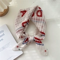 Floral cotton linen square scarf with red and blue plaid patterns and bold letter print - 22 Stripe Base-DD Red Flower Beige