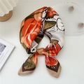 Orange floral silk scarf with green flower pattern and brown border on white background - 2 Oil Paint Rose Orange