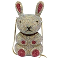 Macro shot of sparkling rabbit-shaped clutch with multicolored rhinestones and gold chain - AB Pink