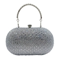 Detailed view of silver oval clutch bag with sparkling rhinestones and metal ring handle - Silver
