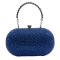 Detail of elegant blue evening clutch bag with sparkling rhinestones and silver handle - Dark Blue