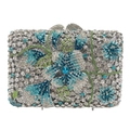 Floral clutch bag with blue and green rhinestones and a large center crystal - Silver Blue Multi-color