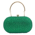 Macro shot of green rhinestone evening clutch with elegant gold metal handle detail - Emerald