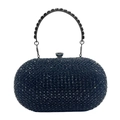 Detail of black clutch bag with sparkling rhinestones and crystal ring handle - Black