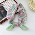 Elegant cotton linen scarf featuring pink tulip prints and a soft green border finish - Tulip Duo Frame Green