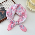 Pink cherry blossom cotton linen square scarf tied in a delicate bow style - Five-Petal Pink Flower Duo Frame