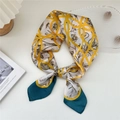 70cm silk square scarf featuring yellow geometric plaid and vintage floral print - 7 Thick Line Mesh Flower Beige