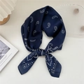 Navy blue silk square scarf with paisley pattern and elegant satin finish - Navy Blue Paisley
