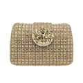 Macro view of champagne gold rhinestone evening clutch bag with crystal flower decoration - Gold