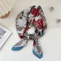 Floral satin silk scarf with vintage red blossoms and blue border in a stylish knot - 12 Blue and Red Rich Flower