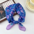 Blue silk neck scarf with purple floral print in a stylish twilly ribbon style - Purple Flower Blue Base Duo Frame