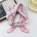 Pink floral cotton linen hair ribbon scarf with small white flowers and green leaves - Large Balloon Flower Pink