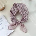 Pale pink-purple cotton linen square scarf with delicate floral print and stitched edges - 4 Stripe Base-Bamboo Leaf Flower Pink