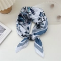 Elegant 70x70cm floral silk scarf with blue butterfly print knotted on white surface - 16 Butterfly Flower Blue