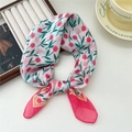 Floral cotton linen square scarf with pink tulip print on white background - Tulip Thick Green Leaf