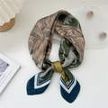 Olive green floral silk scarf with geometric navy stripes shown in a stylish display - 20 Fine Line Large Flower Navy