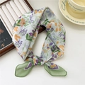 Floral cotton linen square scarf with purple flowers and avocado green border - Purple Flower Green Garden